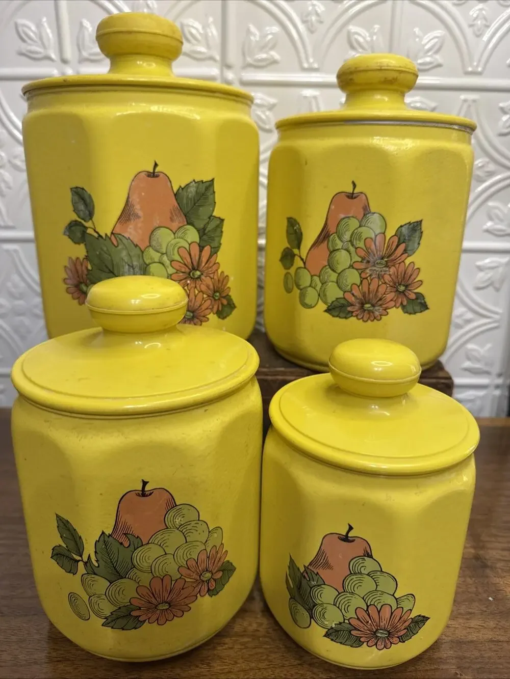 Vintage Kromex Faceted Aluminum 4 Canister Set Yellow Fruit Floral Plastic Lids